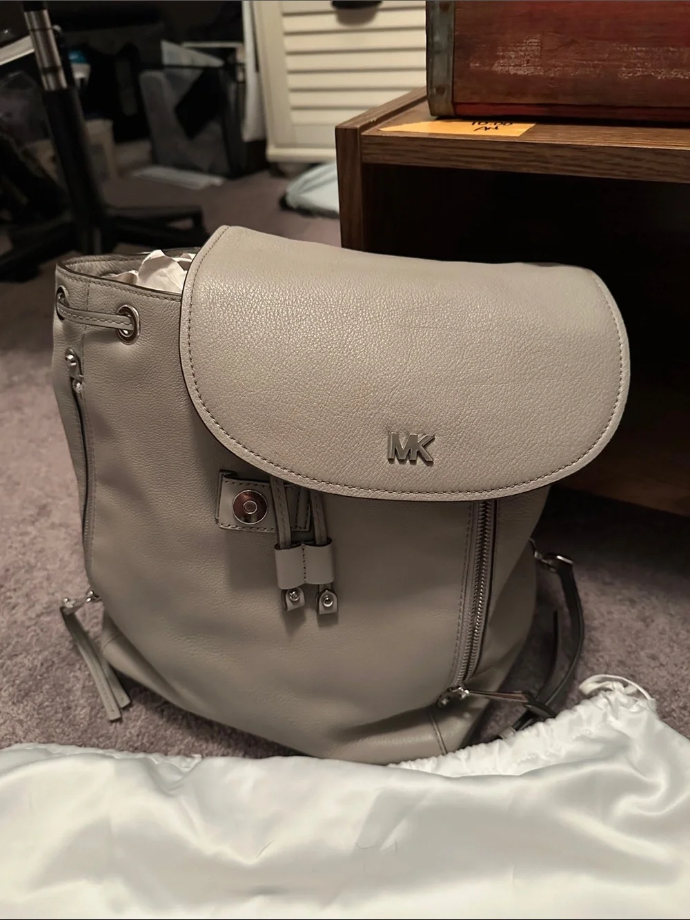 Michael Kors Light Gray Pebbled Leather Drawstring Backpack